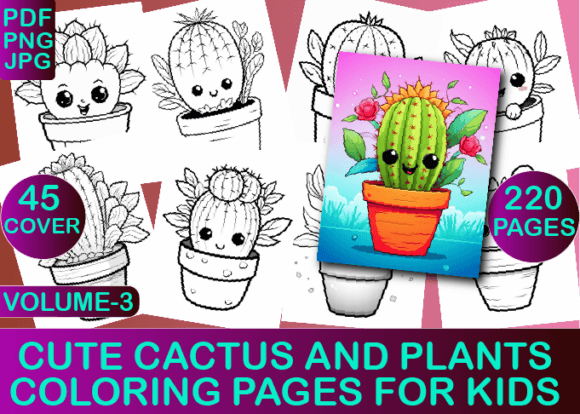 Cute Cactus and Plants Coloring Book V-3